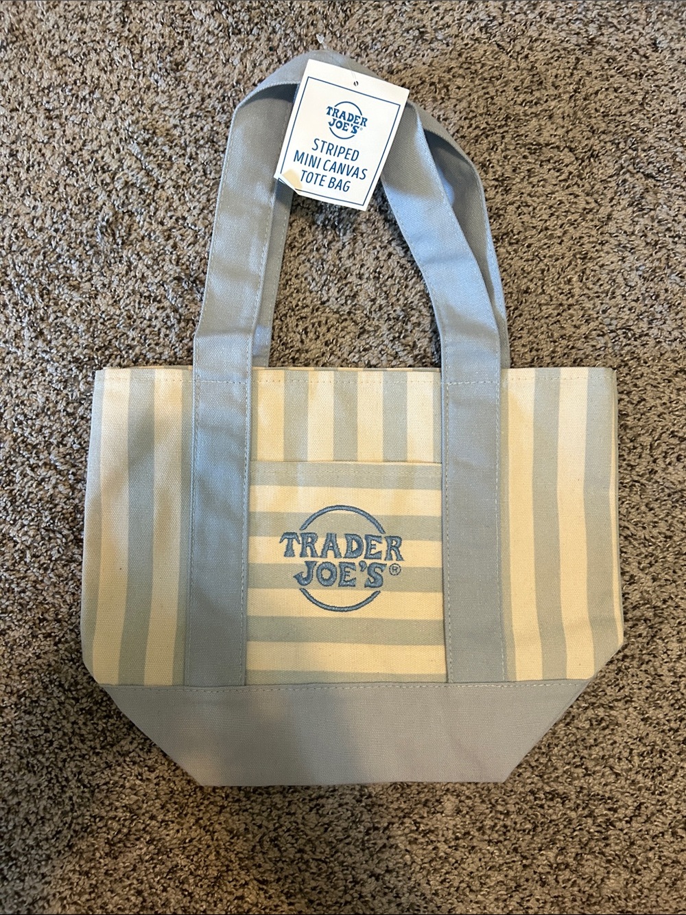 Trader Joe's Striped Mini Canvas Tote Bag in Light Blue and Cream